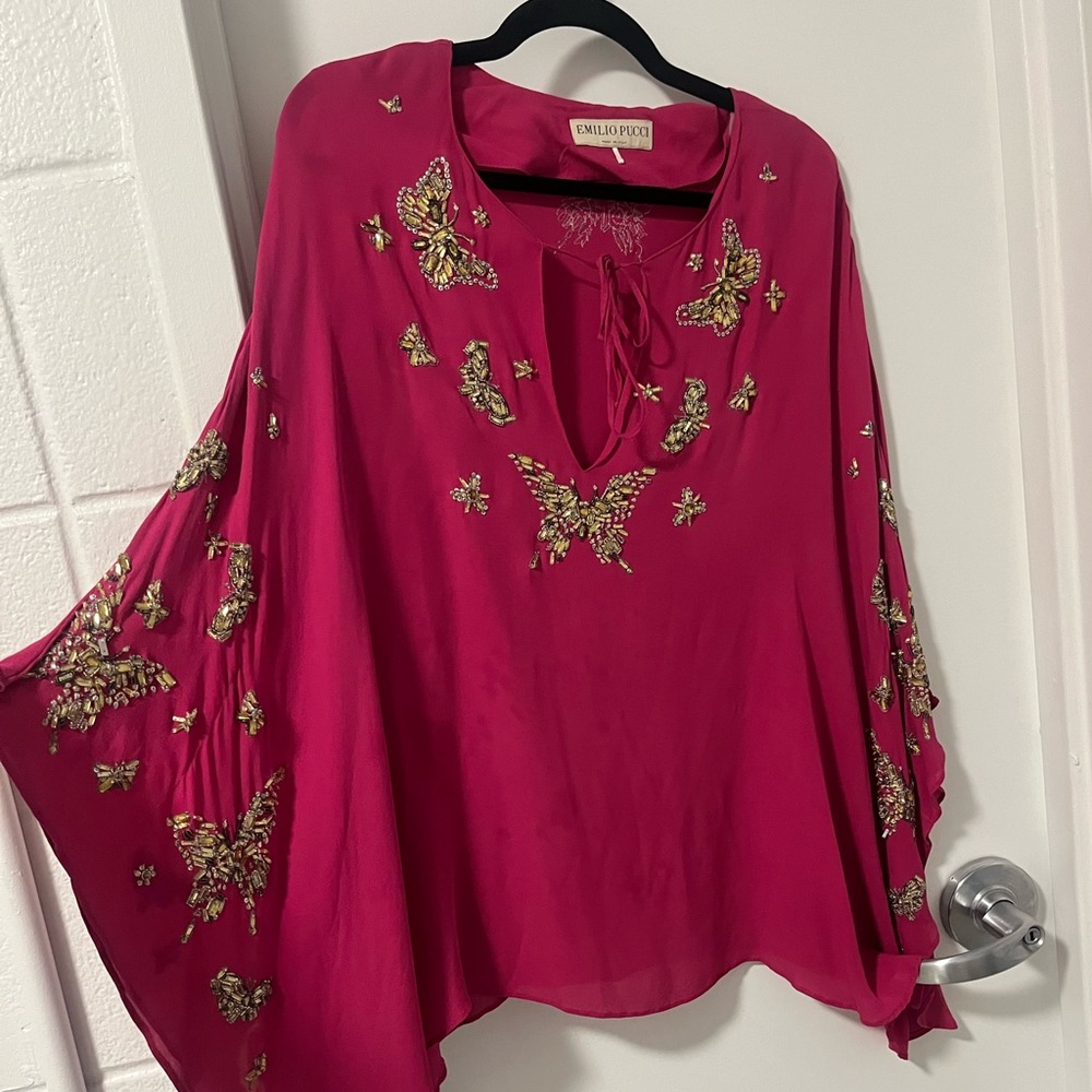 Emilio Pucci Fuchsia Butterfly Embellished Silk Poncho Couture Blouse